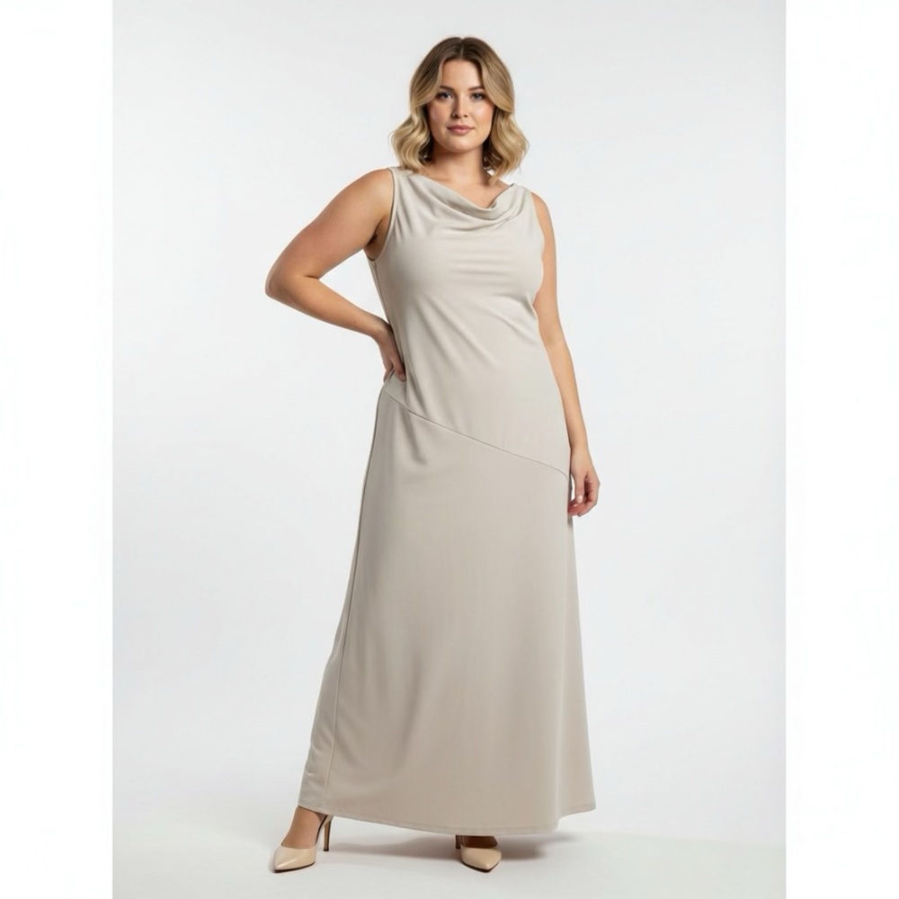 OAK +‎ FORT Cream Sleeveless Maxi Dress Unique Sleeves Cowl Neck Formal Dress